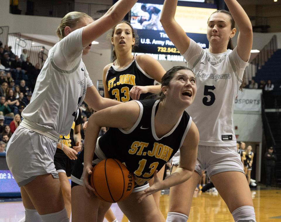 SJV’s Julia Karpell looks for an opening to shoot from under the basket. Manasquan Basketball vs. St. John Vianney in Shore Conference Girls Basketball Final in West Long Branch, NJ on February 18, 2024.