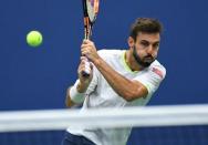 Sept 1, 2016; New York, NY, USA; Marcel Granollers of Spain hits to Andy Murray of the UK (not pictured) on day four of the 2016 U.S. Open tennis tournament at USTA Billie Jean King National Tennis Center. Robert Deutsch-USA TODAY Sports