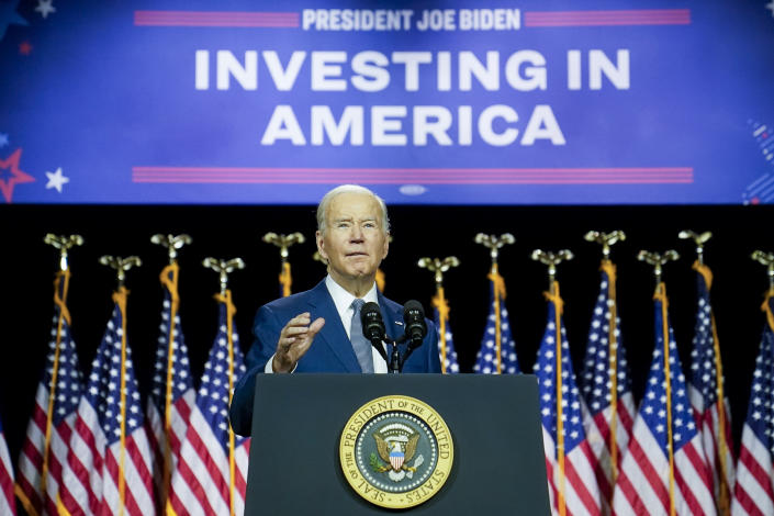 FILE - President Joe Biden speaks on the debt limit during an event at SUNY Westchester Community College, Wednesday, May 10, 2023, in Valhalla, N.Y. As he embarks on his reelection campaign, just 33% of American adults say they approve of President Joe Biden's handling of the economy and only 24% say national economic conditions are in good shape, according to a new poll from The Associated Press-NORC Center for Public Affairs Research. (AP Photo/John Minchillo, File)