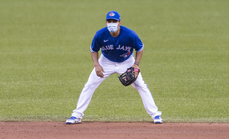 TORONTO, ON - JULY 09:  Ruben Tejada #33 of the Toronto Blue Jays stands at shortstop during an intrasquad game at Rogers Centre on July 9, 2020 in Toronto, Canada. / Credit: Mark Blinch / Getty Images