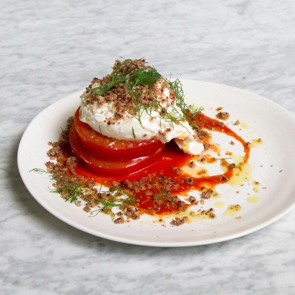 Day 23: Beefsteak Tomato and Burrata Salad with Olive Streusel