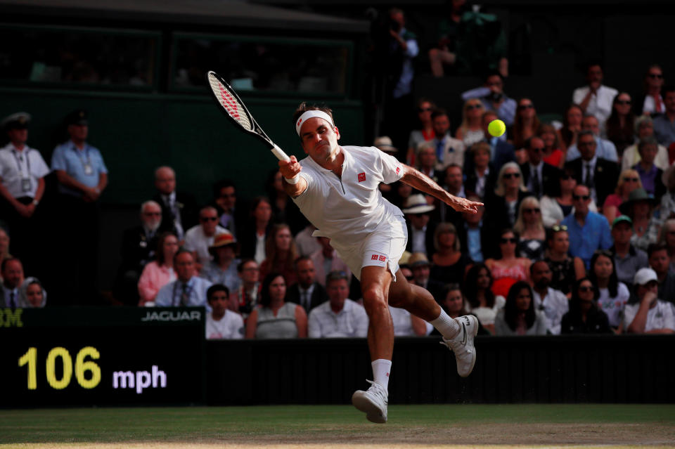 Tennis - Wimbledon - All England Lawn Tennis and Croquet Club, London, Britain - July 14, 2019  Switzerland's Roger Federer in action during the final against Serbia's Novak Djokovic  REUTERS/Andrew Couldridge