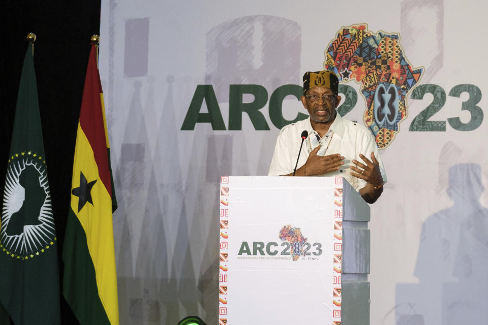 Ron Daniels, President of the Institute of the Black World 21st Century, speaks at the Africa Union reparation conference held in Accra, Ghana, Thursday, Nov. 16, 2023. A Global Reparation Fund will be set up to push for overdue compensation for millions of Africans enslaved centuries ago during the transatlantic slave trade, according to resolutions reached by delegates at the summit. (AP Photo/ Misper Apawu)