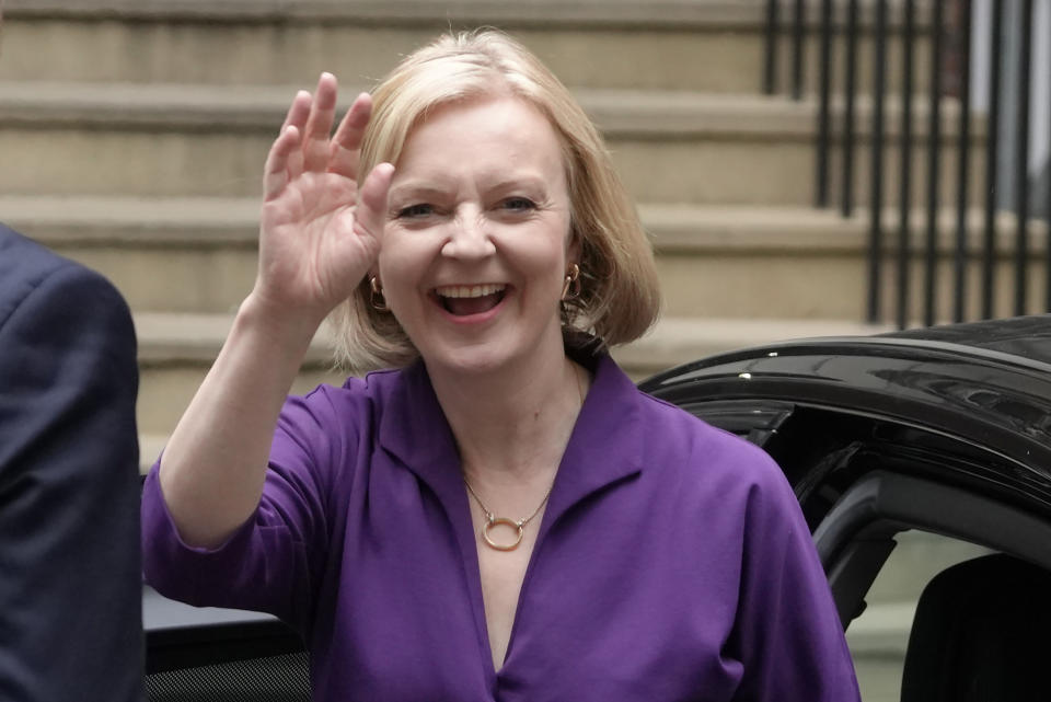 Liz Truss arrives at Conservative Central Office in Westminster after winning the Conservative Party leadership contest in London, Monday, Sept. 5, 2022. Liz Truss will become Britain's new Prime Minister after an audience with Britain's Queen Elizabeth II on Tuesday Sept. 6. (AP Photo/Kirsty Wigglesworth)