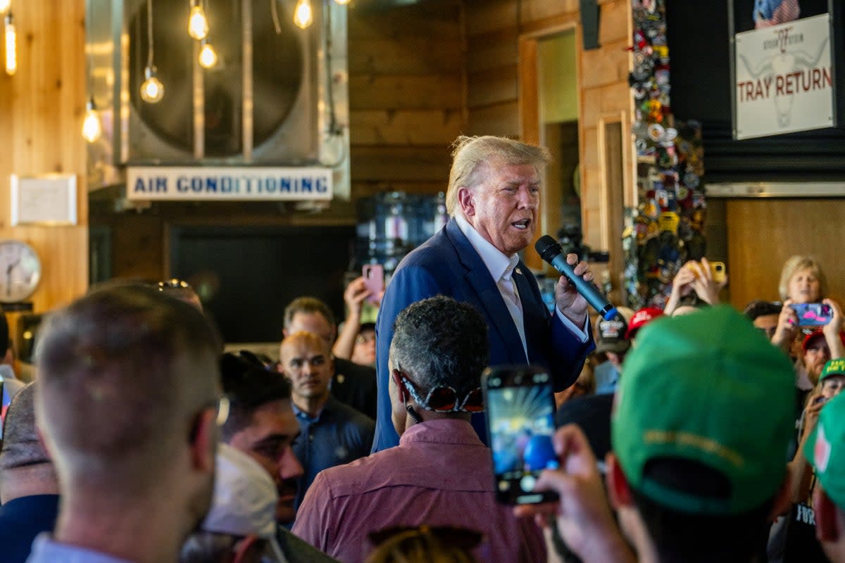 Donald Trump speaks during a rally at the Steer N' Stein bar at the Iowa State Fair on August 12, 2023 in Des Moines, Iowa. (Getty Images)