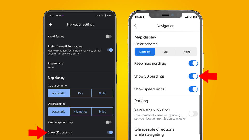 An Android phone and an iPhone showing Google Maps 3D buidlings settings