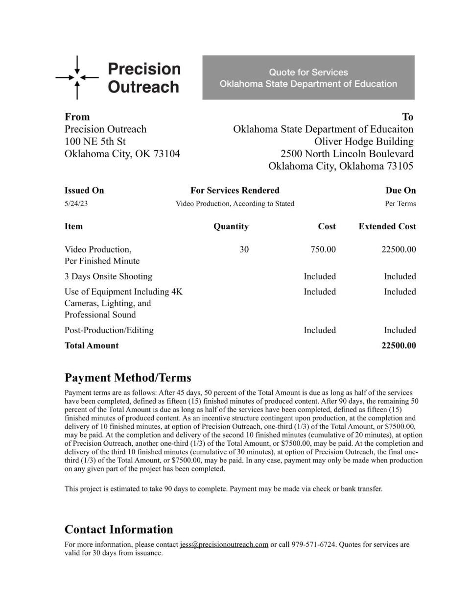 Bill from Precision Outreach to the Oklahoma State Department of Education.