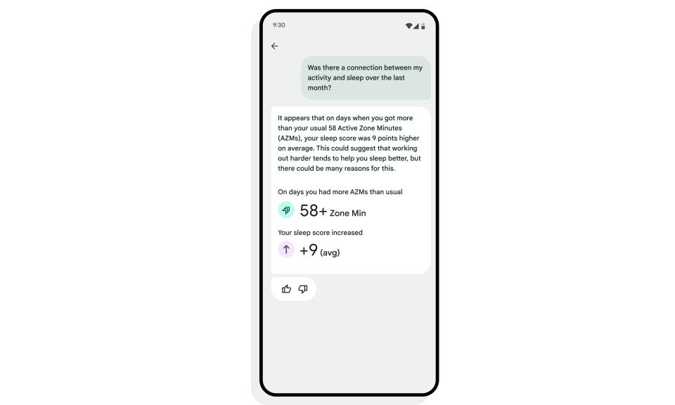 A Google screenshot of an upcoming Fitbit feature that answers personal health questions.  The user's text box asks about the relationship between their activity and their sleep, and the bot says that when they spend 58+ minutes in activity zones, their sleep score increases by nine points.