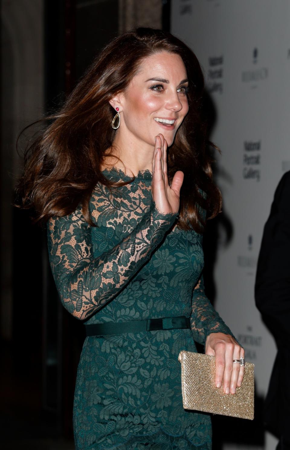 <p>Kate wowed in this Temperley lace dress at the National Portrait Gallery Gala. She paired it with $15,000 gemstone drop<br>earrings. </p>