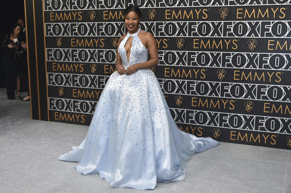 Dominique Fishback arrives at the 75th Primetime Emmy Awards on Monday, Jan. 15, 2024, at the Peacock Theatre in Los Angeles. (Photo by Richard Shotwell/Invision/AP)