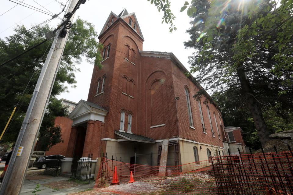 The former Saint John the Baptist church at 3 Grand Street in the City of Poughkeepsie on July 24, 2023. The church closed in 2007, and is currently being renovated into an event space.  