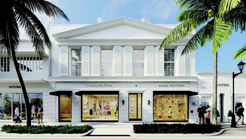 The rendering from plans submitted to the town of Palm Beach shows the proposed exterior facade of the future Louis Vuitton store at 222 Worth Ave.
