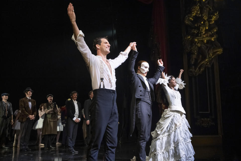 "The Phantom of the Opera" cast appear at the curtain call following the final Broadway performance at the Majestic Theatre on Sunday, April 16, 2023, in New York. (Photo by Charles Sykes/Invision/AP)