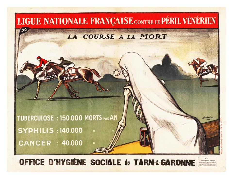 Ligue Nationale Francaise contre le Peril Venerien, France, ca. 1926. Death watches a thoroughbred race of deadly diseases. The statistics below compare the annual mortality rates of tuberculosis, syphilis and cancer. (Photo by: Photo12/Universal Images Group via Getty Images)