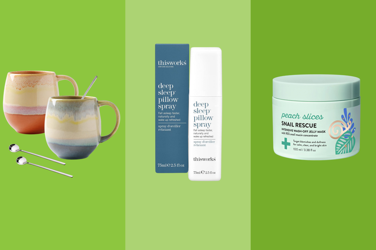 coffee mugs, deep sleep pillow spray, snail rescue face mask