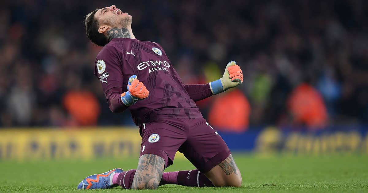  Ederson of Manchester City celebrates after Erling Haaland of Manchester City scores their side's third goal during the Premier League match between Arsenal FC and Manchester City at Emirates Stadium on February 15, 2023 in London, England. 