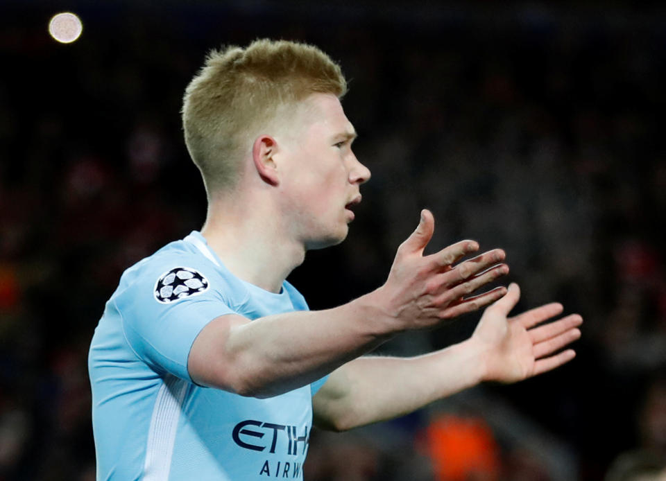 <p>Soccer Football – Champions League Quarter Final First Leg – Liverpool vs Manchester City – Anfield, Liverpool, Britain – April 4, 2018 Manchester City’s Kevin De Bruyne reacts Action Images via Reuters/Carl Recine </p>