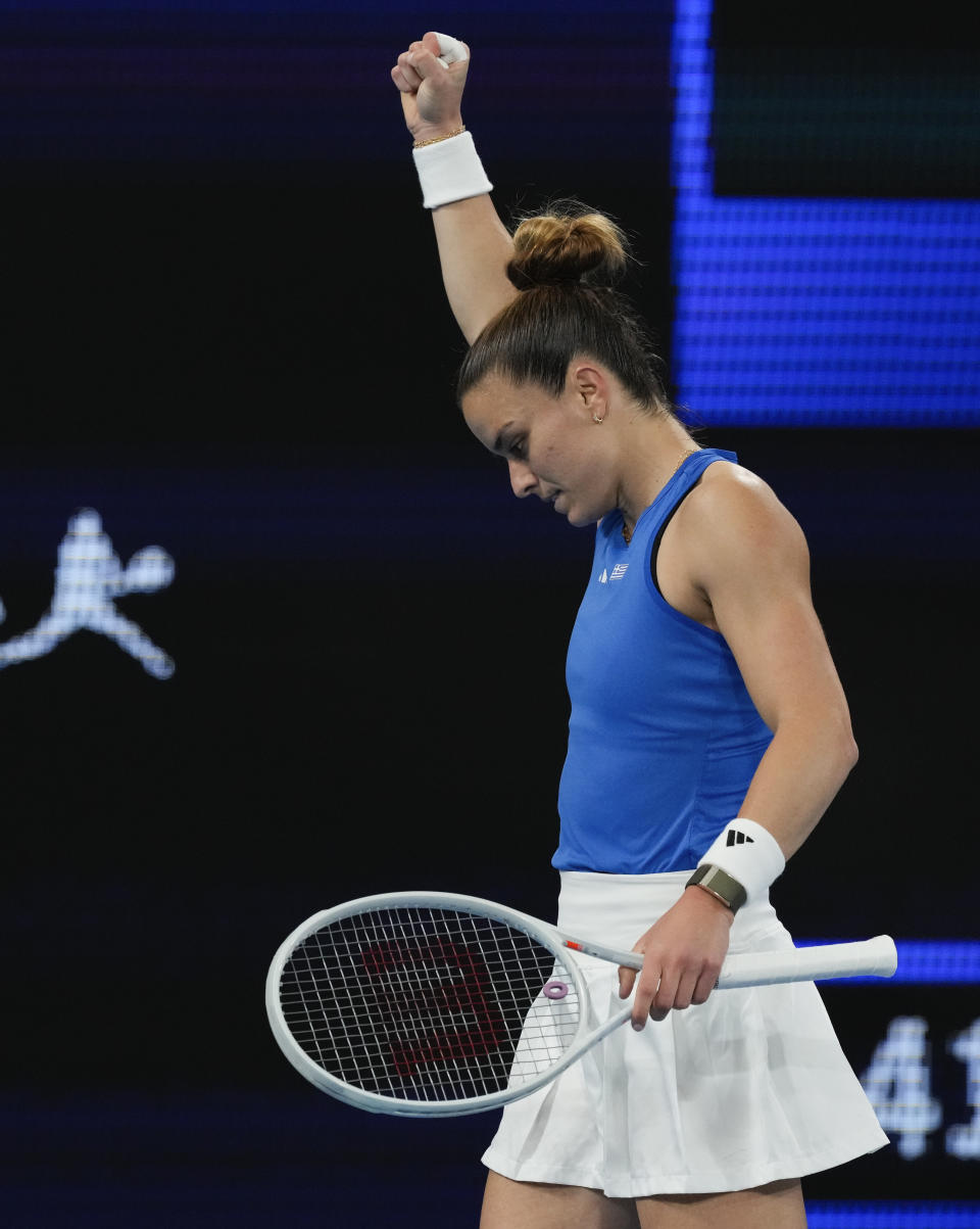 Maria Sakkari of Greece reacts after winning a point against Germany's Angelique Kerber during their United Cup quarterfinal tennis match in Sydney, Australia, Friday, Jan. 5, 2024. (AP Photo/Mark Baker)