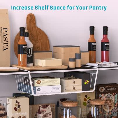 A set of under-shelf baskets to help instantly turn one shelf into two