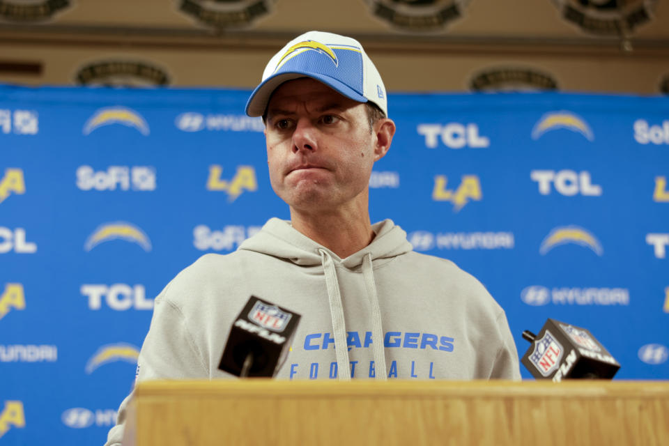 Los Angeles Chargers head coach Brandon Staley speaks to reporters following an NFL football game against the Green Bay Packers, Sunday, Nov. 19, 2023, in Green Bay, Wis. The Packers won 23-20. (AP Photo/Matt Ludtke)