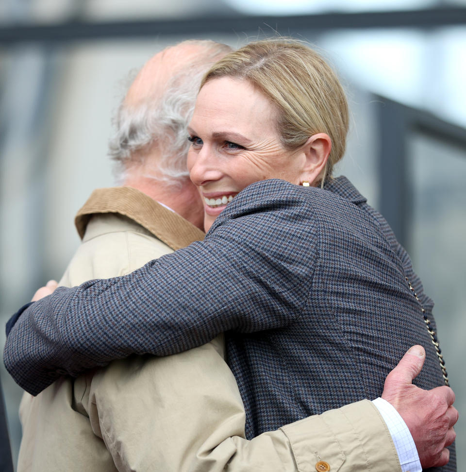 WINDSOR, ENGLAND - MAY 03: King Charles III and Zara Tindall hug as as they greet each other at the Endurance event on day 3 of the Royal Windsor Horse Show at Windsor Castle on May 03, 2024 in Windsor, England. (Photo by Chris Jackson/Getty Images)