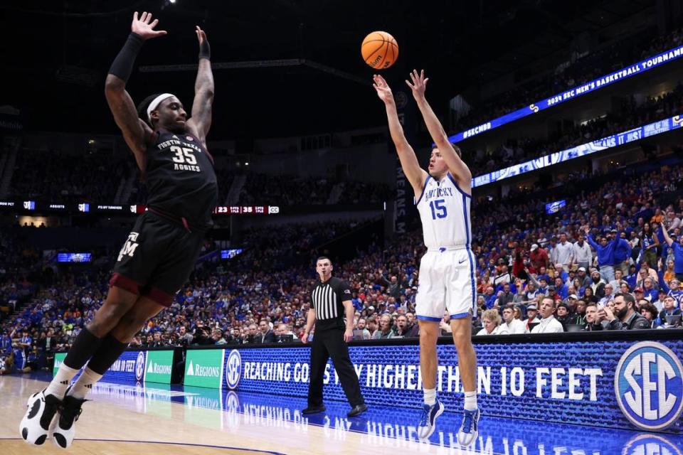 Kentucky’s Reed Sheppard (15) shoots over Texas A&M’s Manny Obaseki (35) on Friday night. Sheppard finished with 14 points. Silas Walker/swalker@herald-leader.com