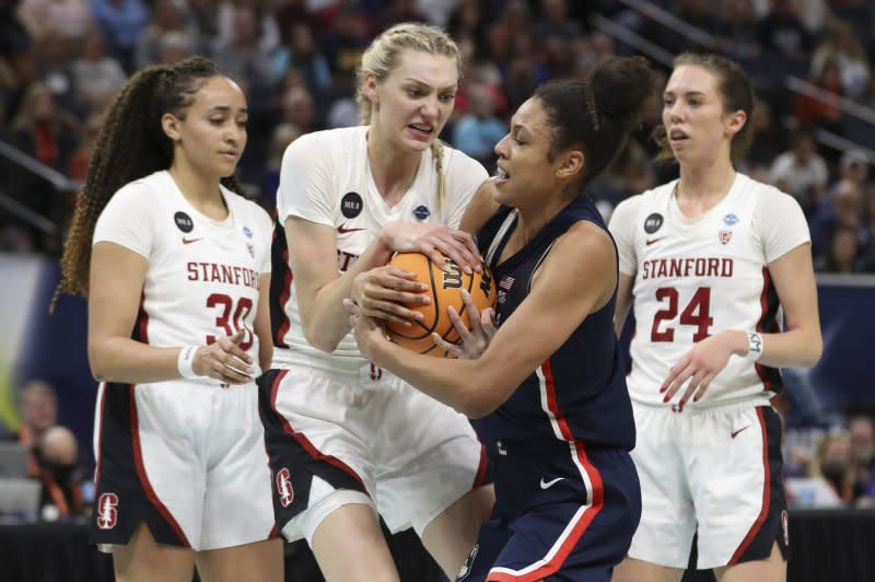 Forward Cameron Brink (C) and Stanford will host Hawaii on Wednesday in Stanford, Calif. File Photo by Aaron Joseczfyk/UPI