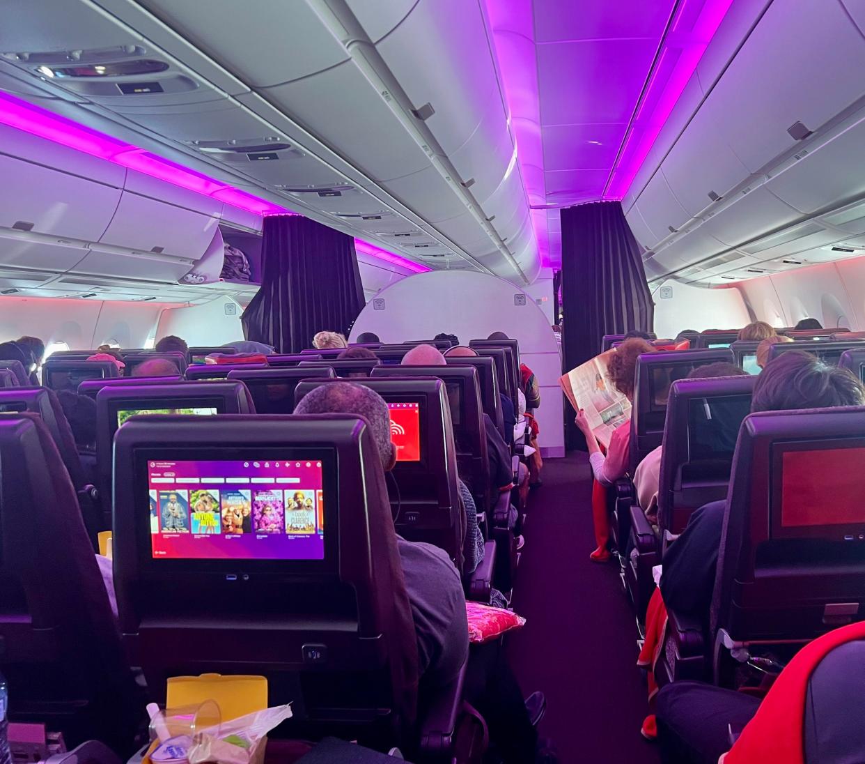 The Virgin plane during flight viewed from by aft lavatory.