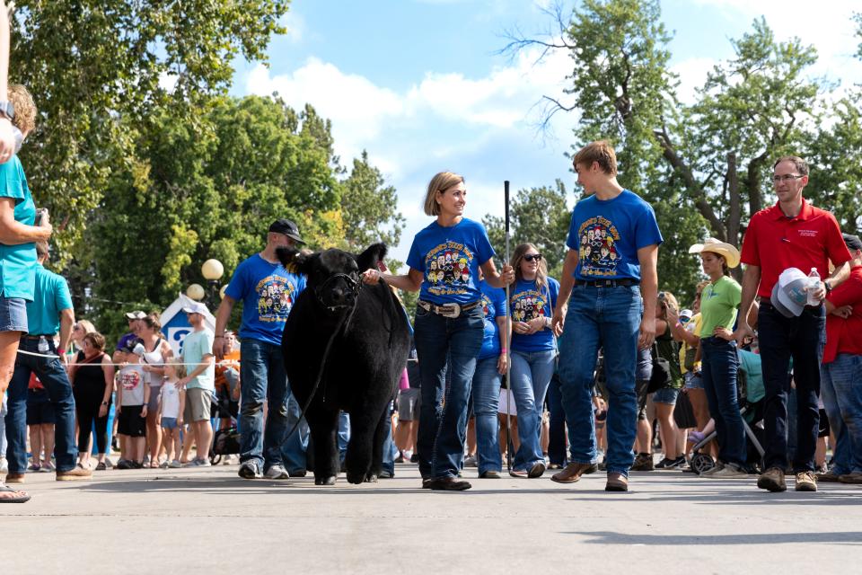 Gov. Kim Reynolds leads steer Benny to the Livestock Pavilion alongside Maxwell Tiarks of Underwood during the governor's charity steer show on Aug. 13, 2022.