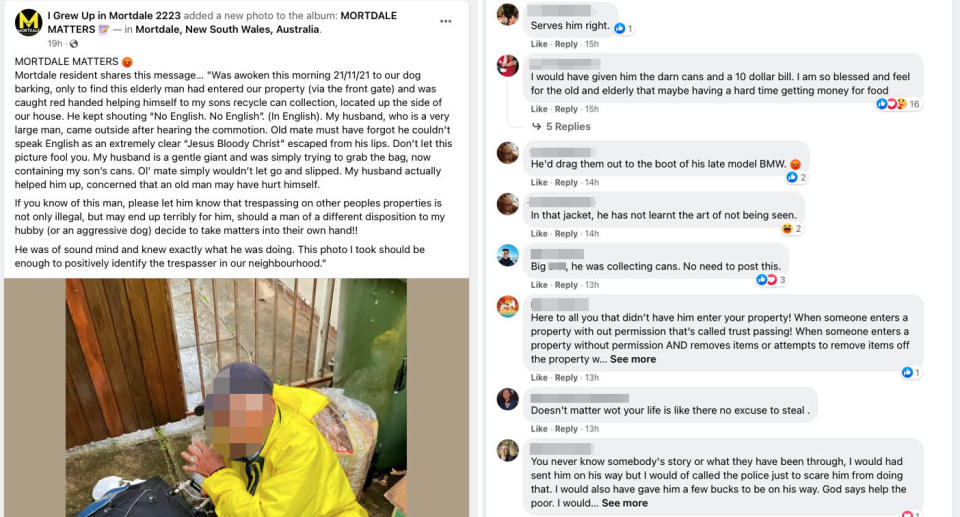 Screenshot of a Facebook post from a Mortdale resident complaining about a run-in with a bin-diver and some of the comments in response. Source: Facebook