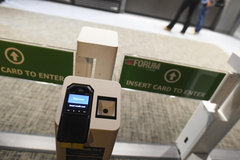 The credit card reader that allows entry to a new “friction-free” concession stand at the L.A. Forum, powered by contact-less Amazon technology - Credit: Michael Buckner for Variety