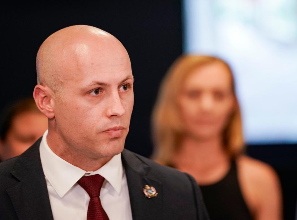 Lt. Christopher Goldhorn, who helped spearhead the investigation, speaks during an update on Margaret Gallaway, who was found Sunday, six days after being declared missing. He, other officials and the family thanked the community at a news conference at the Collier County Sheriff's Office in Naples on Monday, Oct. 23, 2023.