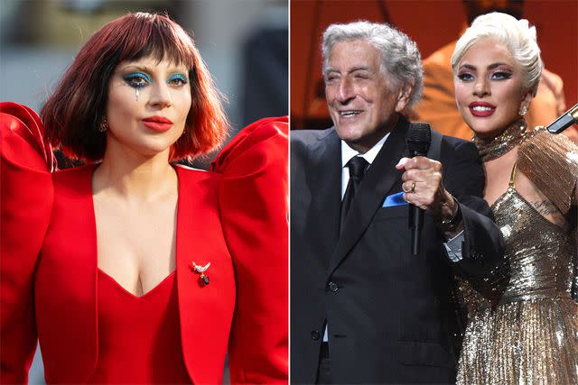 <p>Samir Hussein/WireImage; Kevin Mazur/Getty</p> Lady Gaga at the London premiere of 'Joker: Folie à Deux'; Tony Bennett and Lady Gaga perform in August 2021 at Radio City Music Hall