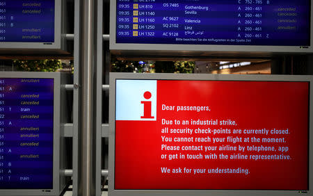 Information is displayed during a strike of security personnel over higher wages at Germany's largest airport in Frankfurt, Germany, January 15, 2019. REUTERS/Kai Pfaffenbach