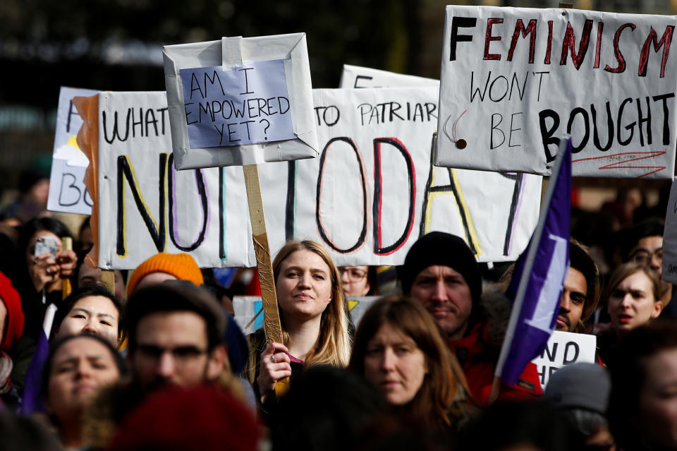 <p>People attend a women’s rights rally in central London, Britain. March 8, 2018. (Photo: Henry Nicholls/Reuters) </p>