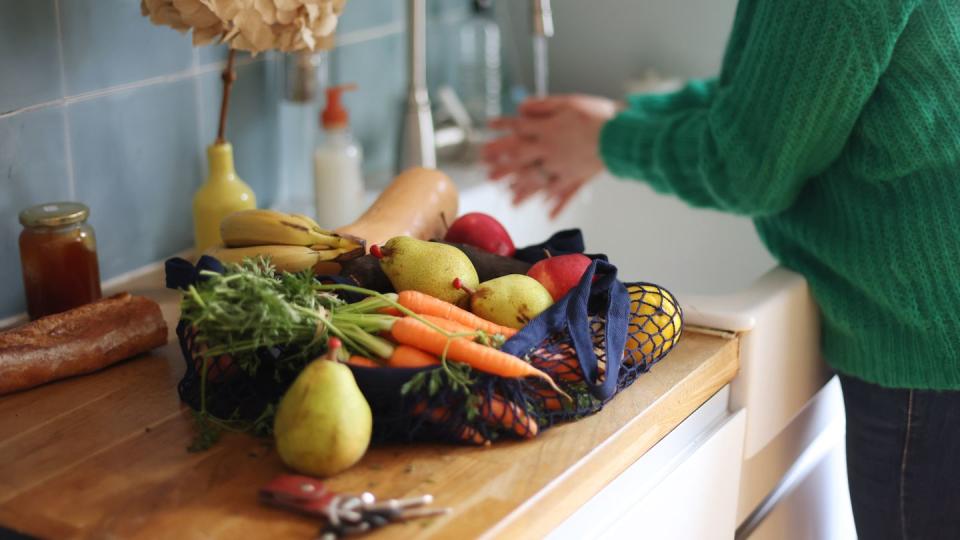 various vegetables and fruits in a eco shopping bag