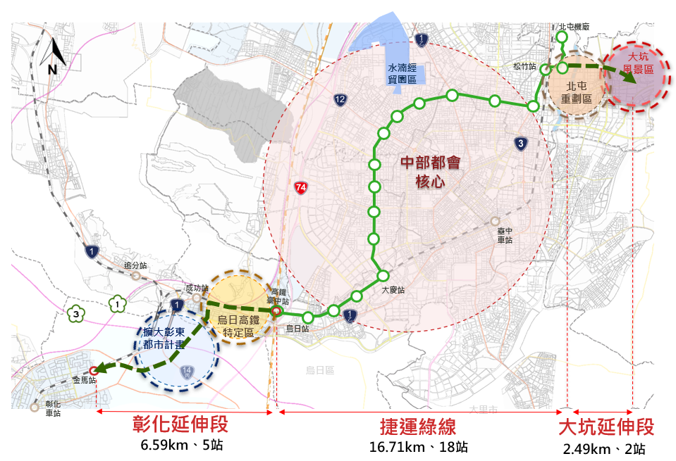 台中捷運綠線延伸路線圖。台中市政府提供