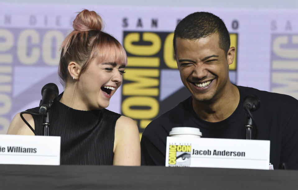 Maisie Williams, left, and Jacob Anderson appear during the "Game of Thrones" panel on day two of Comic-Con International on Friday, July 19, 2019, in San Diego. (Photo by Chris Pizzello/Invision/AP)
