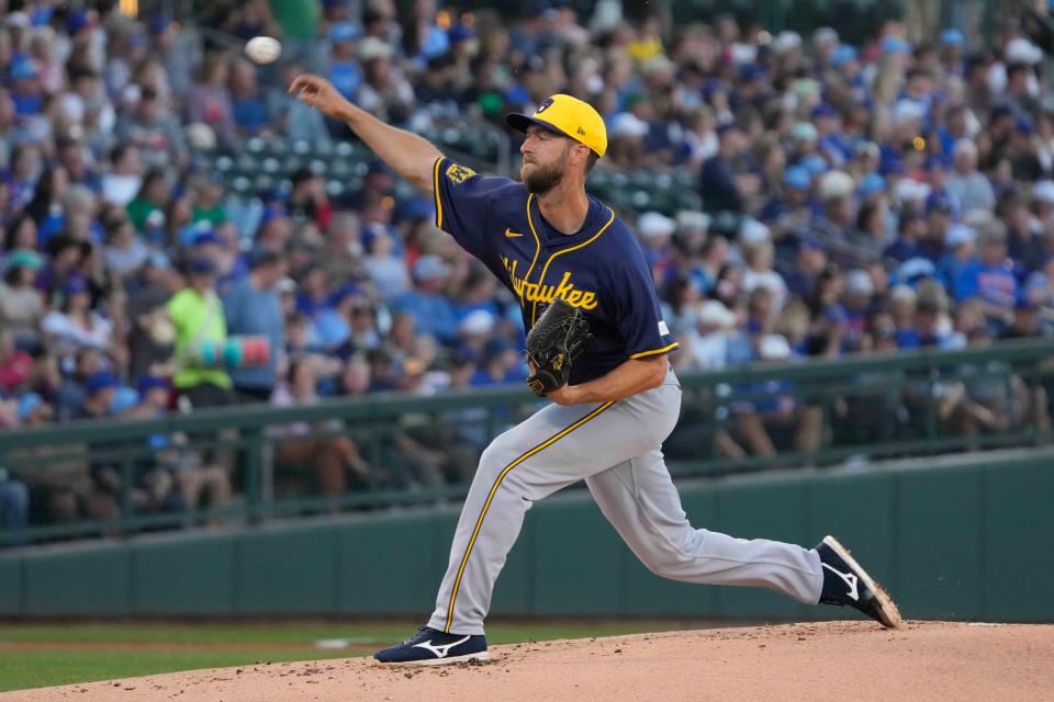 Mar 12, 2024; Mesa, Arizona, USA; Milwaukee Brewers starting pitcher Colin Rea (48) throws against the Chicago Cubs in the first inning at Sloan Park. Mandatory Credit: Rick Scuteri-USA TODAY Sports