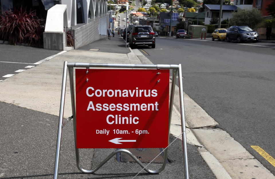  A directional sign for the interim assessment clinic for the new coronavirus SARS-Cov-2, set up near the Launceston General Hospital, in Tasmania, Australia. Source: EPA/BARBARA WALTON