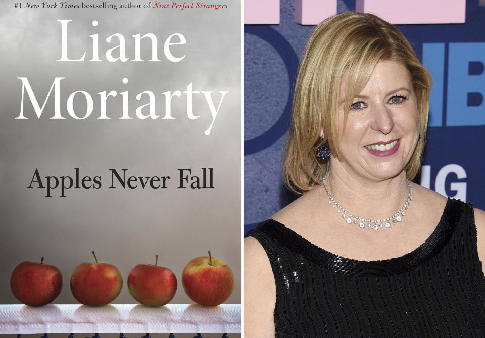 This combination photo shows the cover of "Apples Never Fall," left, and author Liane Moriarty as she arrives at the second season premiere of HBO's "Big Little Lies" in New York on May 29, 2019. (Holt via AP, left, and AP Photo)