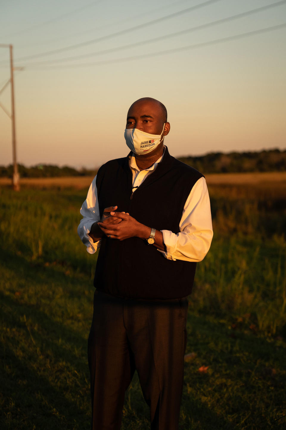 Democratic Senate candidate Jaime Harrison speaks to the media after a drive-in rally in North Charleston, S.C. on Oct. 17, 2020