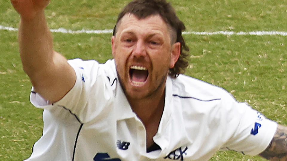 Victorian pace bowler James Pattinson drew the ire of NSW rival Daniel Hughes after throwing a dead ball straight at the batsman. (Photo by Daniel Pockett/Getty Images)