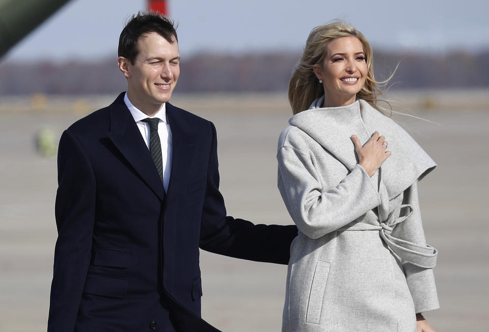 White House Senior Adviser Jared Kushner, left and Ivanka Trump, the daughter and assistant to President Donald Trump walk across the tarmac before boarding Air Force One, Thursday, Nov. 29, 2018 at Andrews Air Force Base, Md. (AP Photo/Pablo Martinez Monsivais)