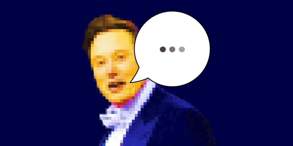 Glitching image Elon Musk behind a speech bubble