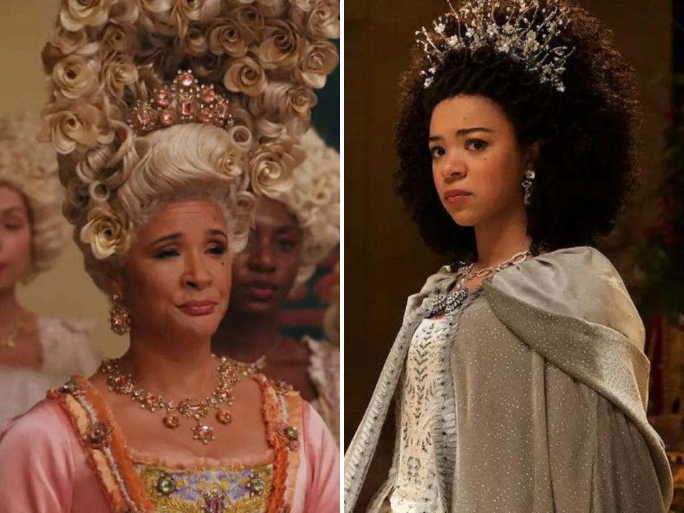 Side-by-side images of Golda Rosheuvel and India Amarteifio as Queen Charlotte.