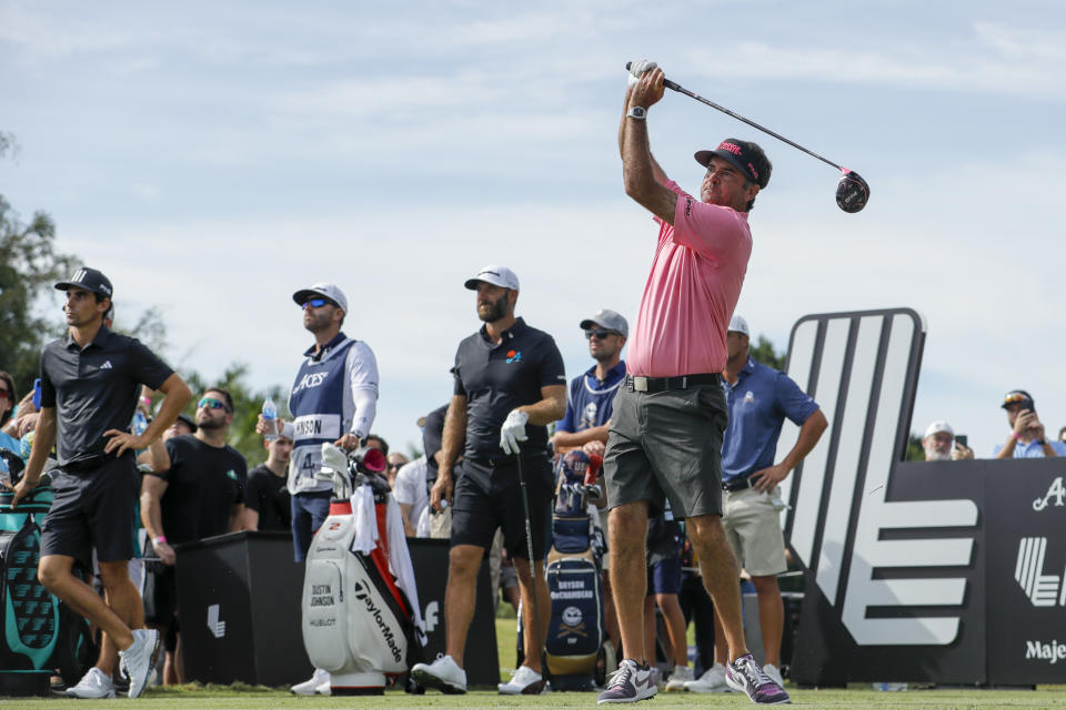 Bubba Watson plays his shot from the eighth tee during the final round of the LIV Golf Miami golf tournament at Trump National Doral. (Photo: Sam Navarro-USA TODAY Sports)