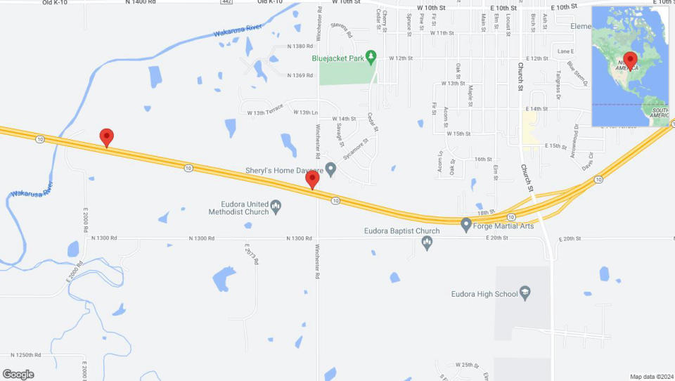 A detailed map showing the road affected as a result of 'Heavy rain prompts traffic warning on westbound K-10 in Eudora' on May 19 at 10:24 p.m.