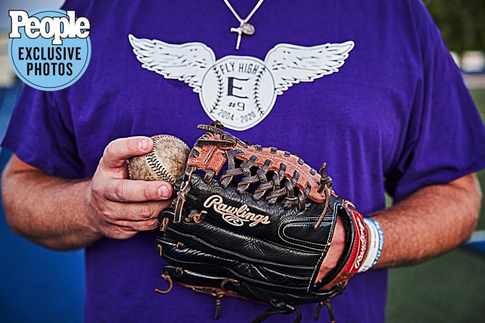 Dan Bryan plays catch in memory of his son. July 20, 2022, Desloge, MO, at North County High School. Credit: Paul Nordmann