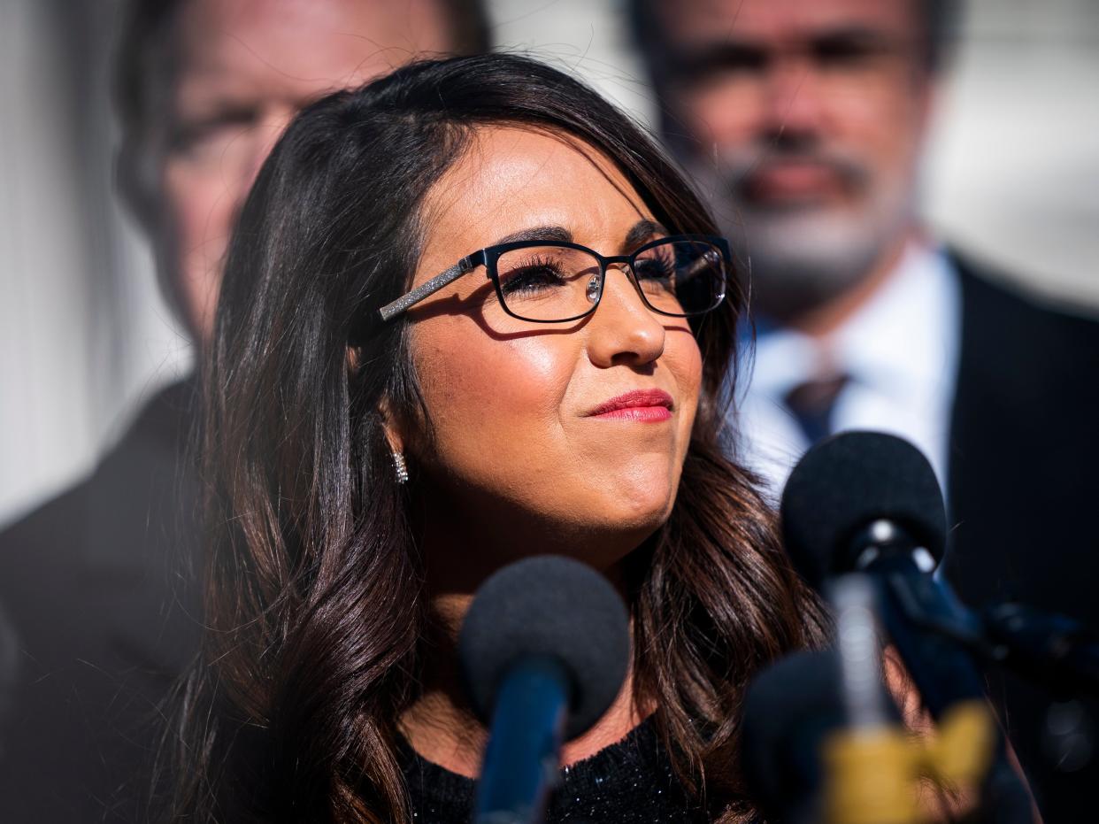 Republican Representative from Colorado Lauren Boebert joins members of the House Freedom Caucus, who are among the most conservative Republican lawmakers, to speak to the media about their opposition to the Equality Act (EPA)